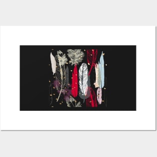 Feathers Pattern, Red Pink, Blue Grey and Gold Specks Posters and Art